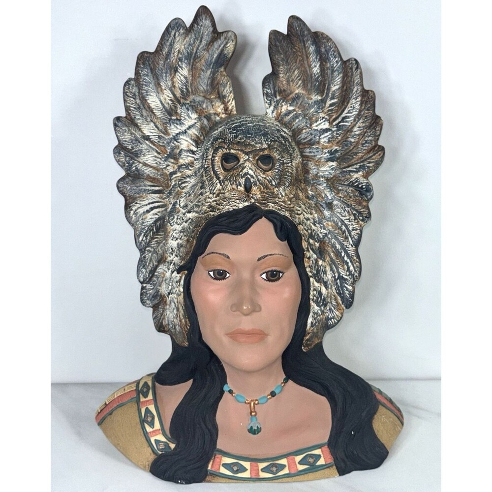 Vintage Hand Painted Ceramic Native American Head/Bust Owl Sculpture 11”